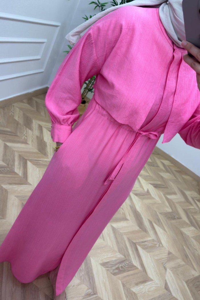 Başak Çilek Keten Elbise  Pembe