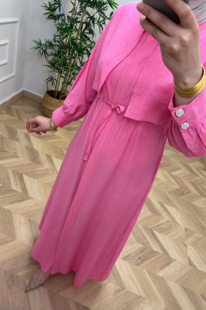 Başak Çilek Keten Elbise  Pembe