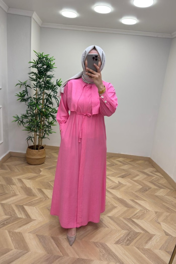 Başak Çilek Keten Elbise  Pembe