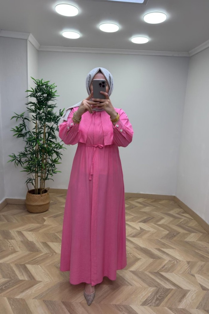 Başak Çilek Keten Elbise  Pembe
