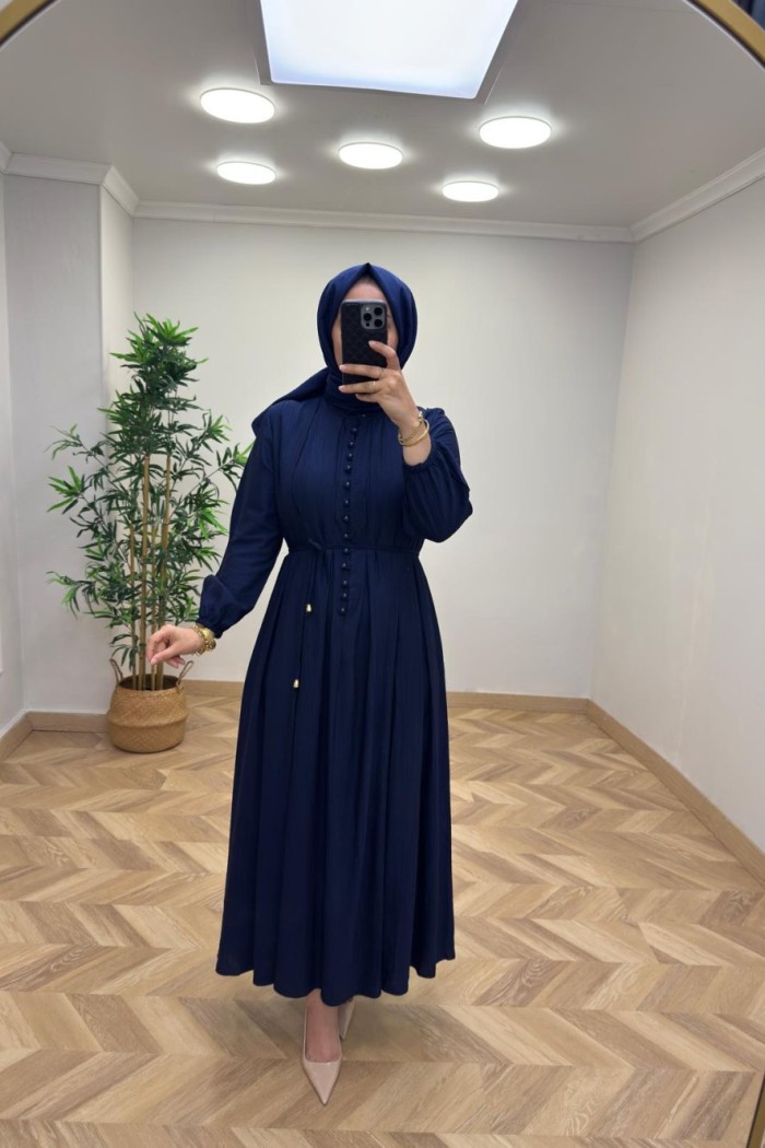 Tanya Çilek Keten Elbise  Lacivert