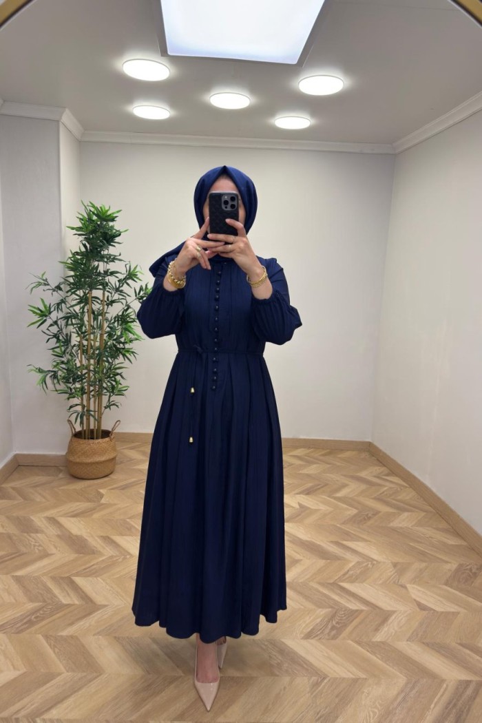 Tanya Çilek Keten Elbise  Lacivert