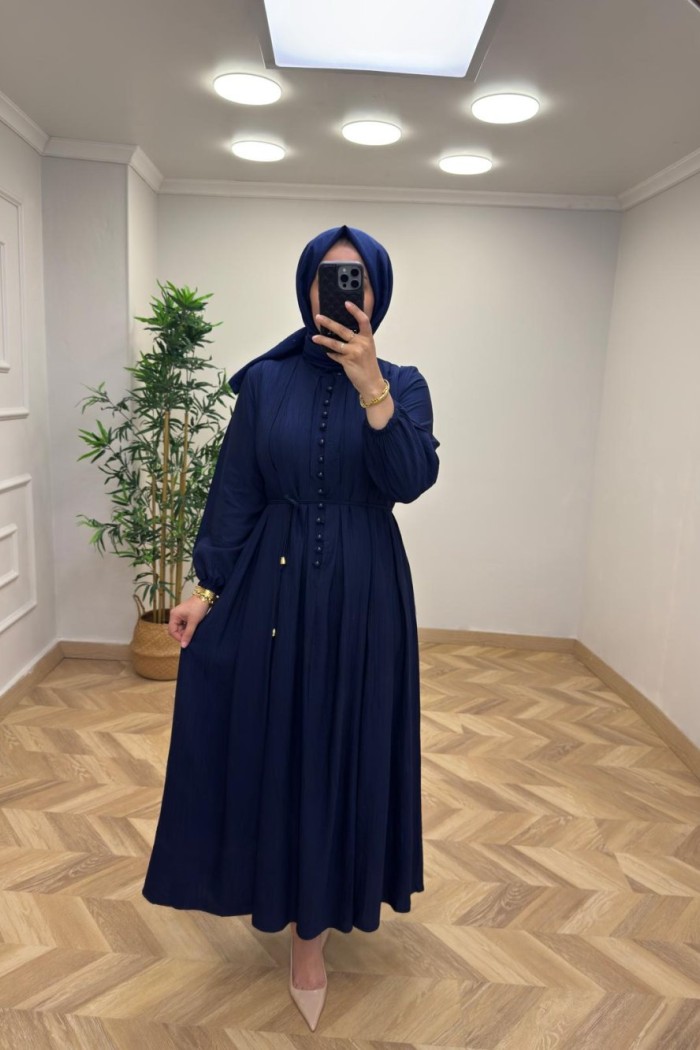 Tanya Çilek Keten Elbise  Lacivert