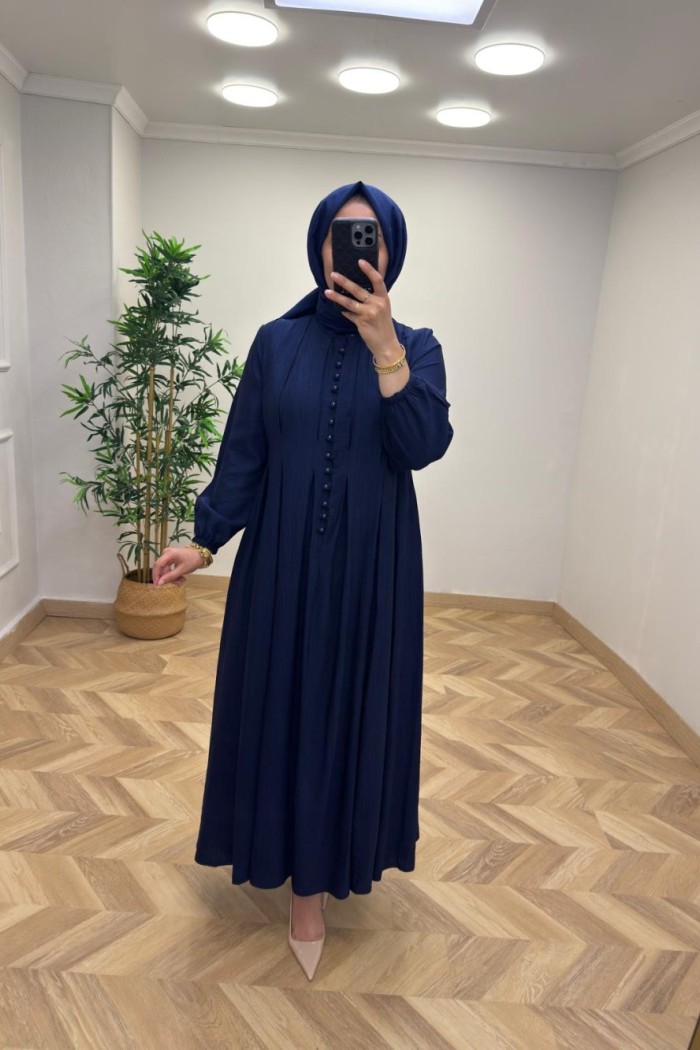 Tanya Çilek Keten Elbise  Lacivert