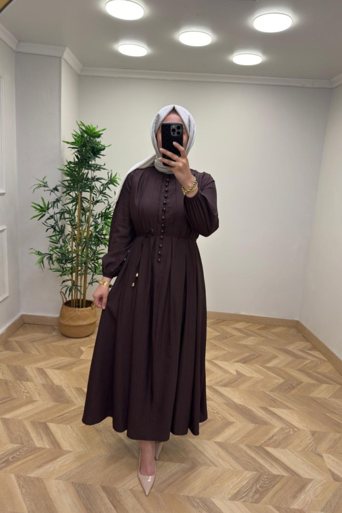 Tanya Çilek Keten Elbise  Acı Kahve