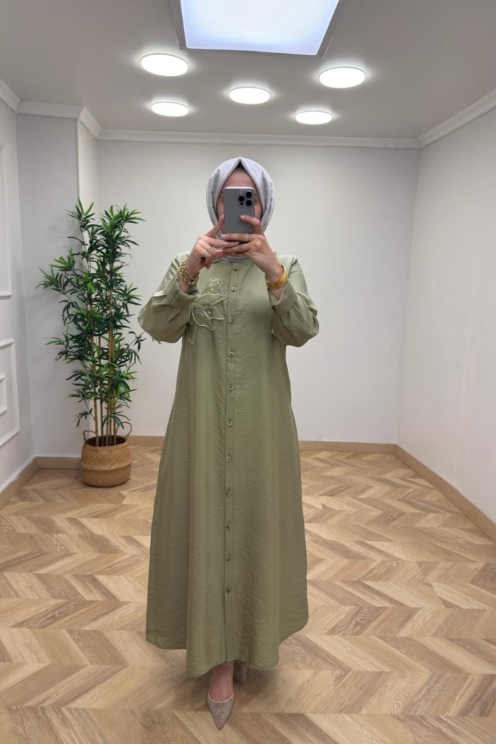 Gül Detay Elbise Mint Yeşili
