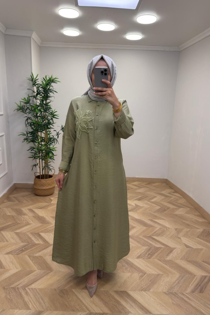 Gül Detay Elbise Mint Yeşili