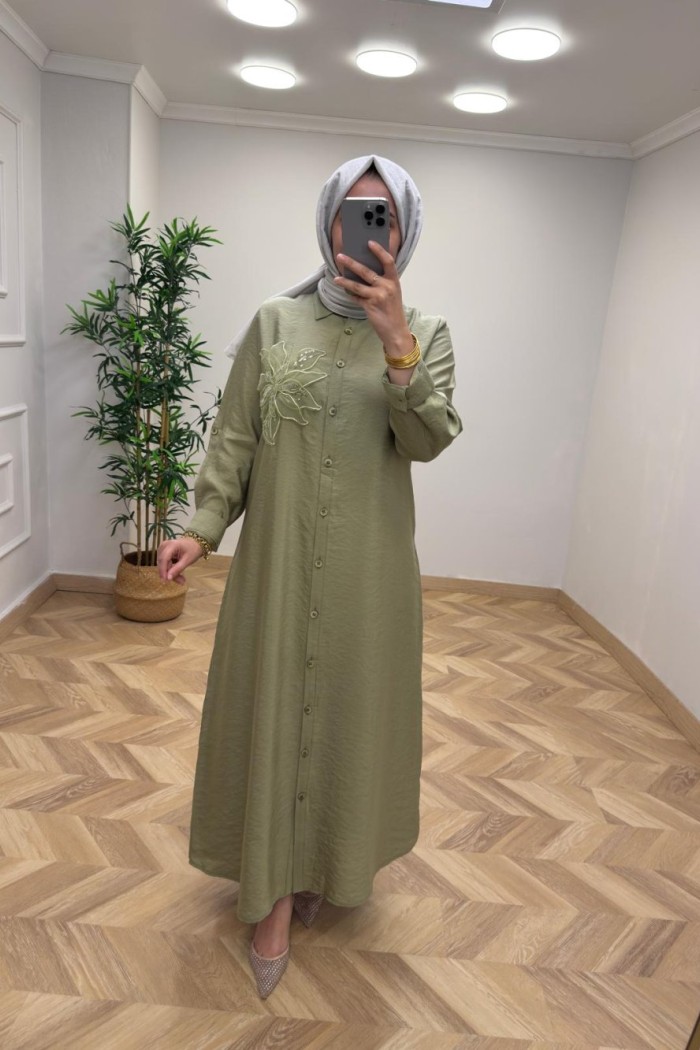 Gül Detay Elbise Mint Yeşili