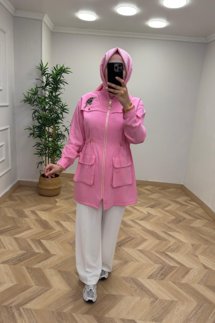 Kuş Detay Qupra Kap  Pembe