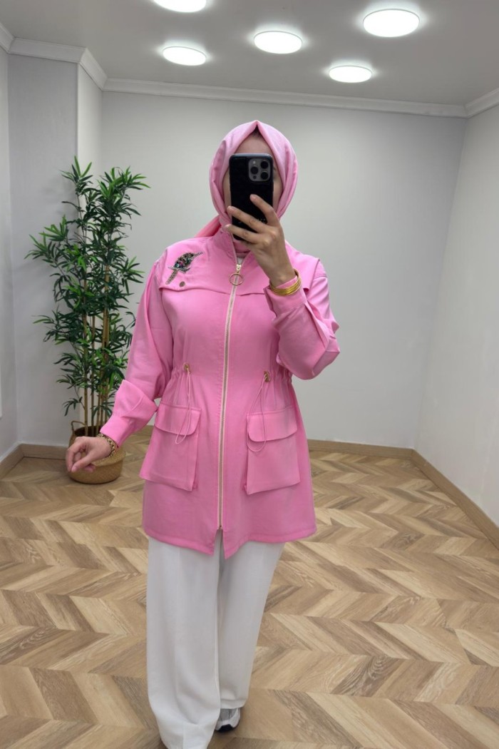 Kuş Detay Qupra Kap  Pembe