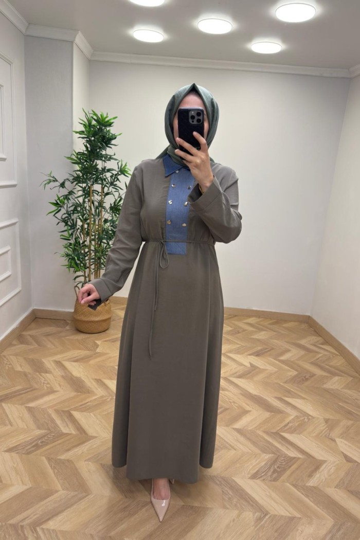 Kot Detaylı Zümra Elbise Haki