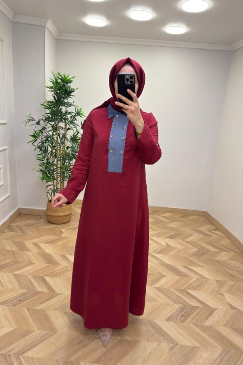 Kot Detaylı Zümra Elbise Bordo