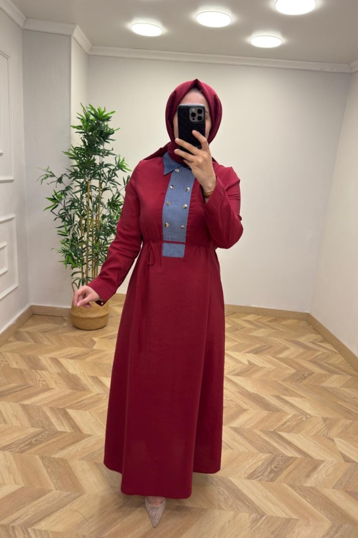 Kot Detaylı Zümra Elbise Bordo