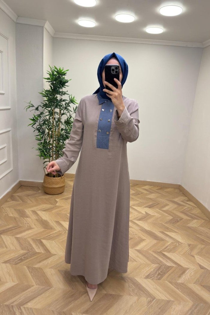 Kot Detaylı Zümra Elbise Vizon