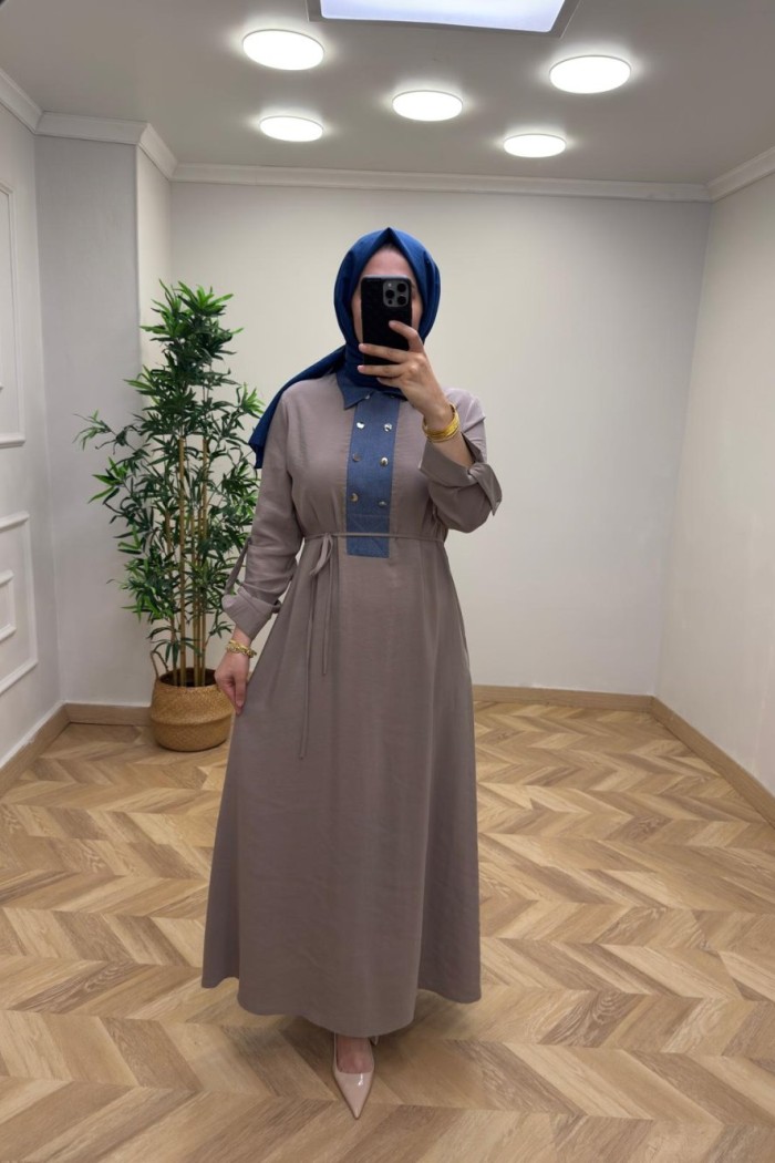 Kot Detaylı Zümra Elbise Vizon