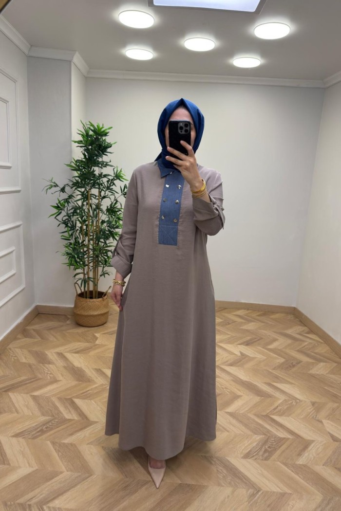 Kot Detaylı Zümra Elbise Vizon