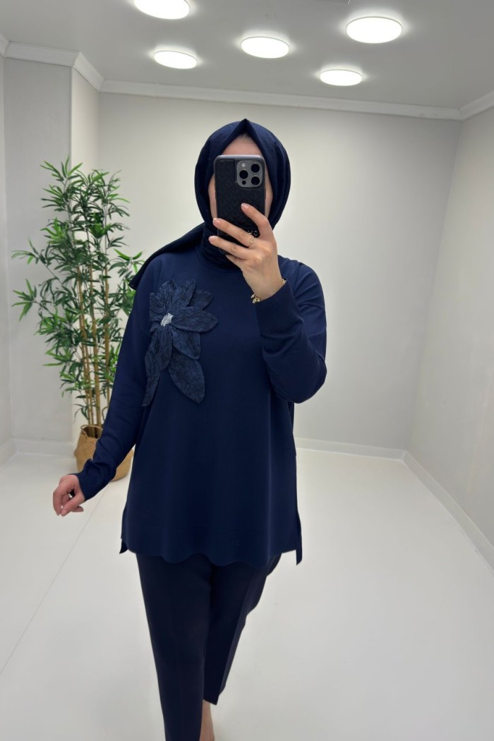 Gül Detay Merserize Tunik Lacivert