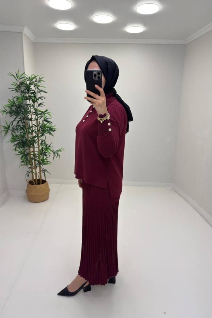 Işıltı Detay Etekli Merserize Takım Bordo