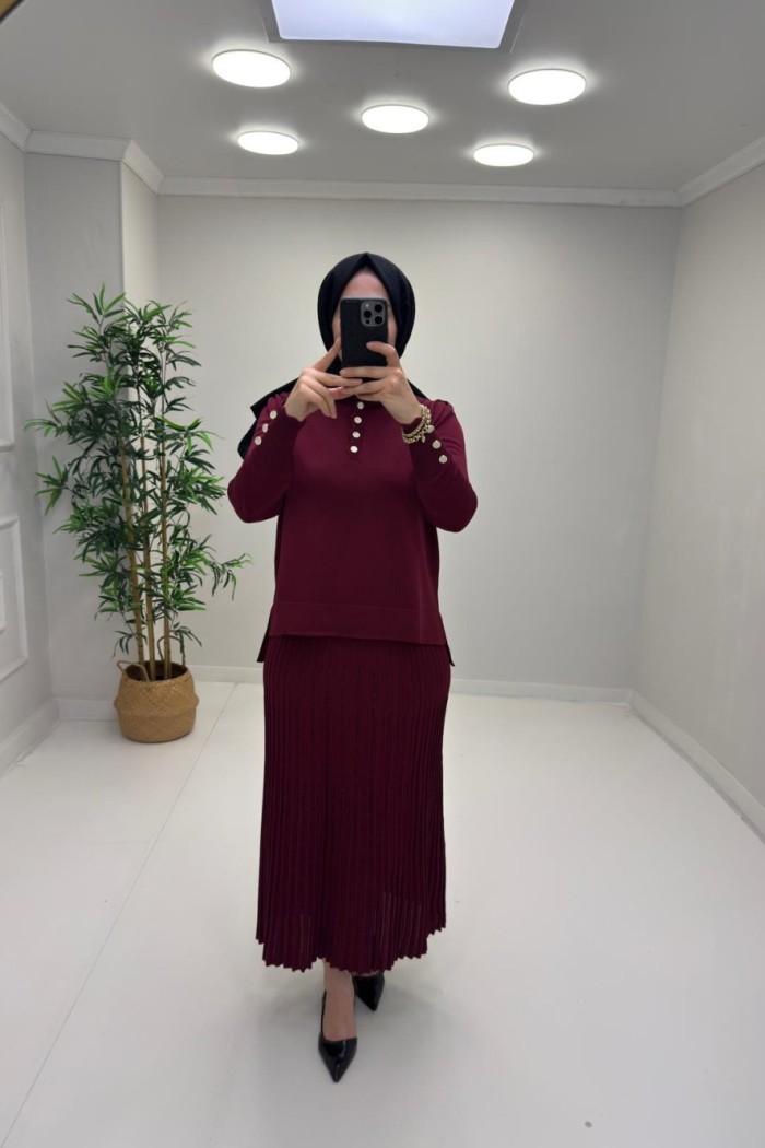 Işıltı Detay Etekli Merserize Takım Bordo