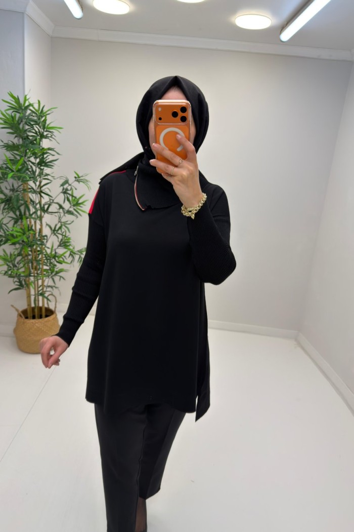 Boynu Fermuar Detaylı Merserize Tunik  Kırmızı