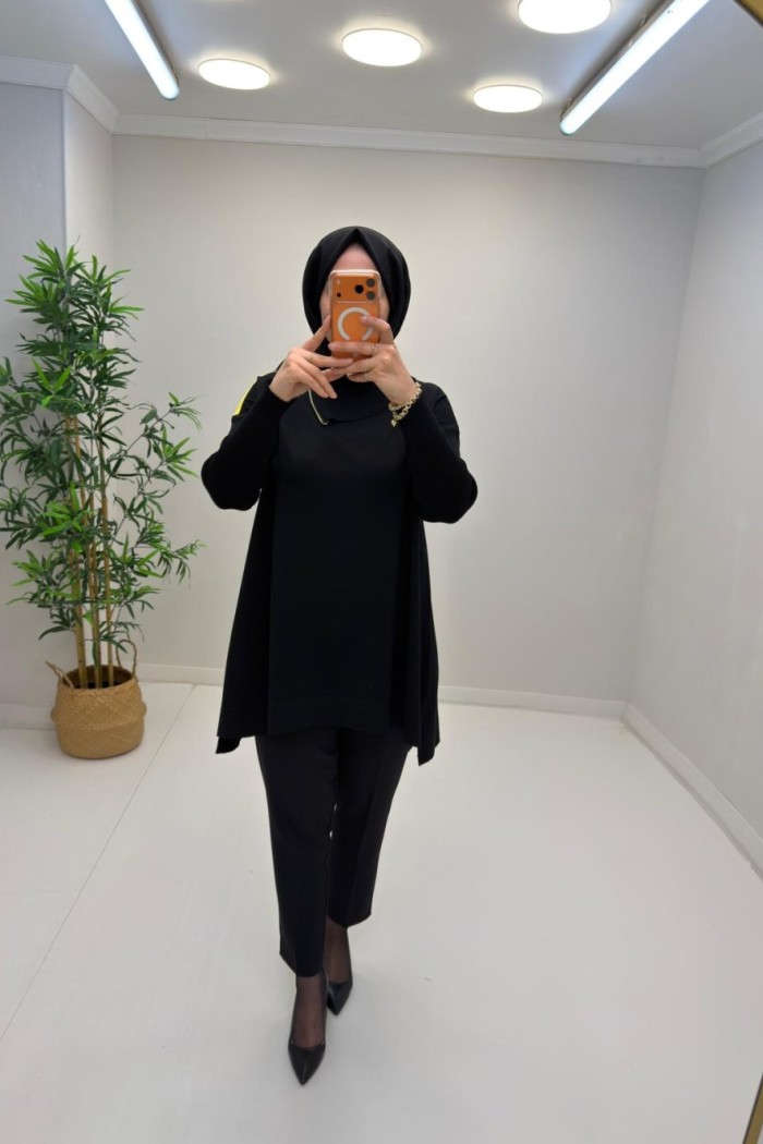 Boynu Fermuar Detaylı Merserize Tunik  Sarı