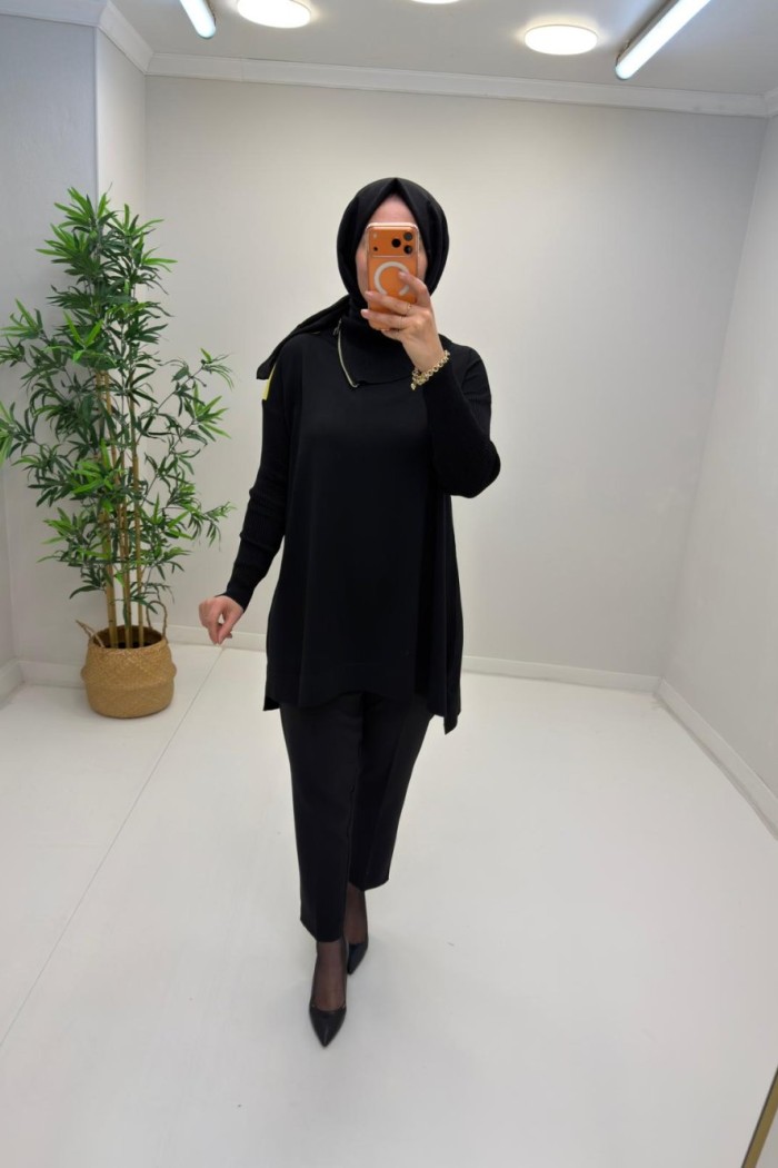 Boynu Fermuar Detaylı Merserize Tunik  Sarı