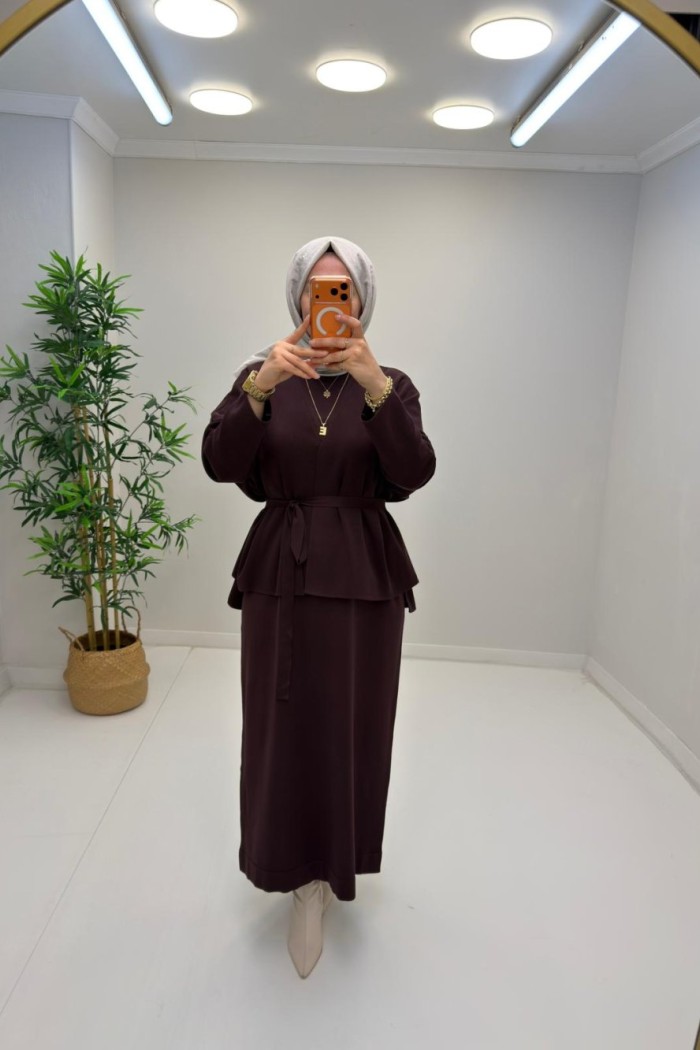 Liya İç Elbiseli Hırka Takım Kahverengi