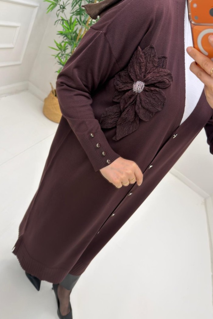 Gül Detay Merserize Hırka Kahverengi