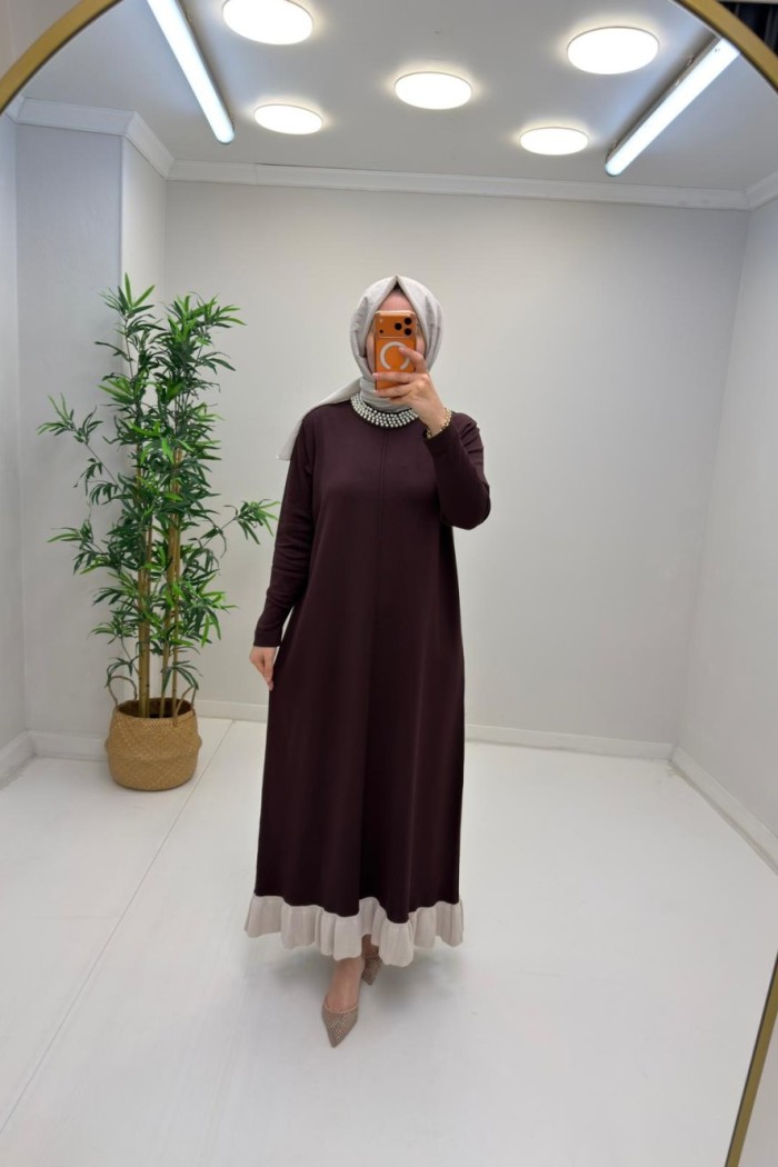 Ahsen İncili Merserize Elbise Kahverengi