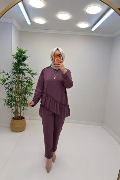 Fırfır Detay Pantolonlu Takım Mürdüm