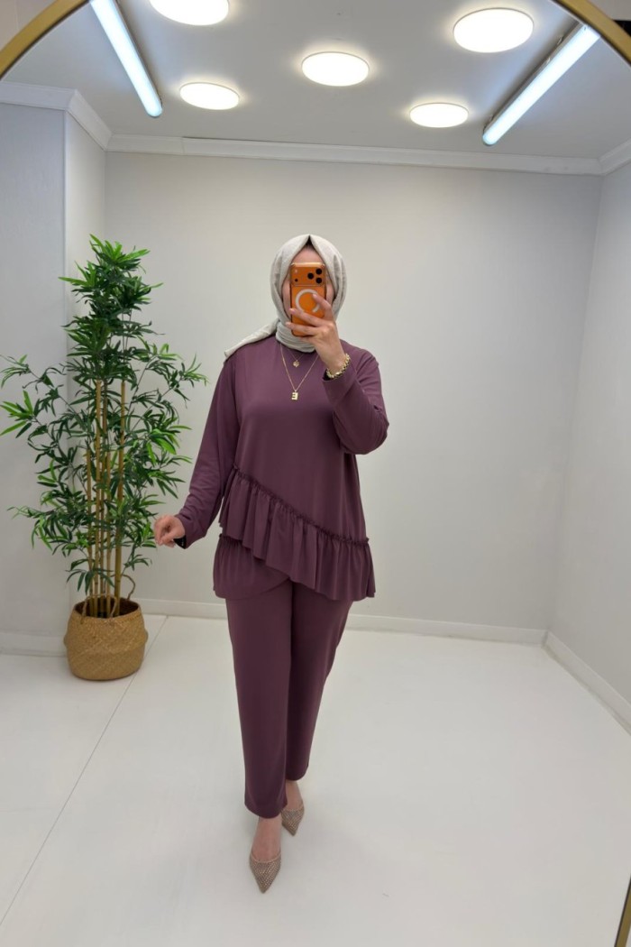 Fırfır Detay Pantolonlu Takım Mürdüm