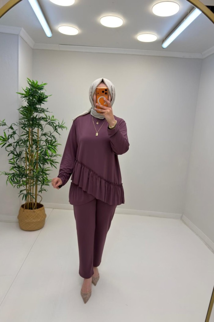 Fırfır Detay Pantolonlu Takım Mürdüm