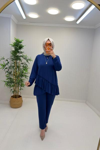 Fırfır Detay Pantolonlu Takım Saks Mavisi