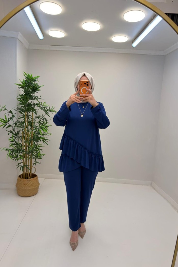 Fırfır Detay Pantolonlu Takım Saks Mavisi