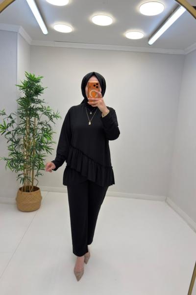 Fırfır Detay Pantolonlu Takım Siyah