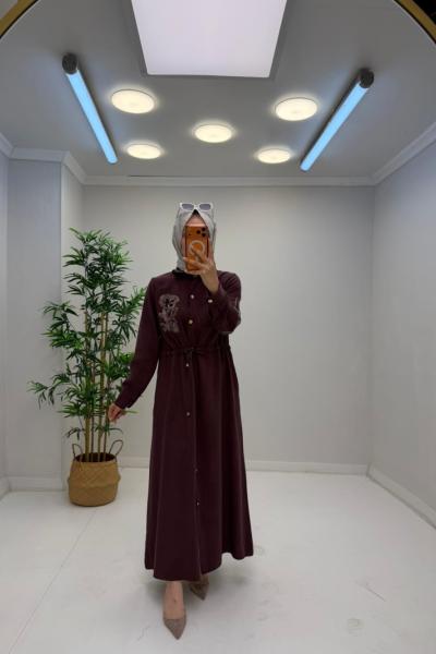 Sabina Tensel Nakış Taş Detaylı Elbise Mürdüm