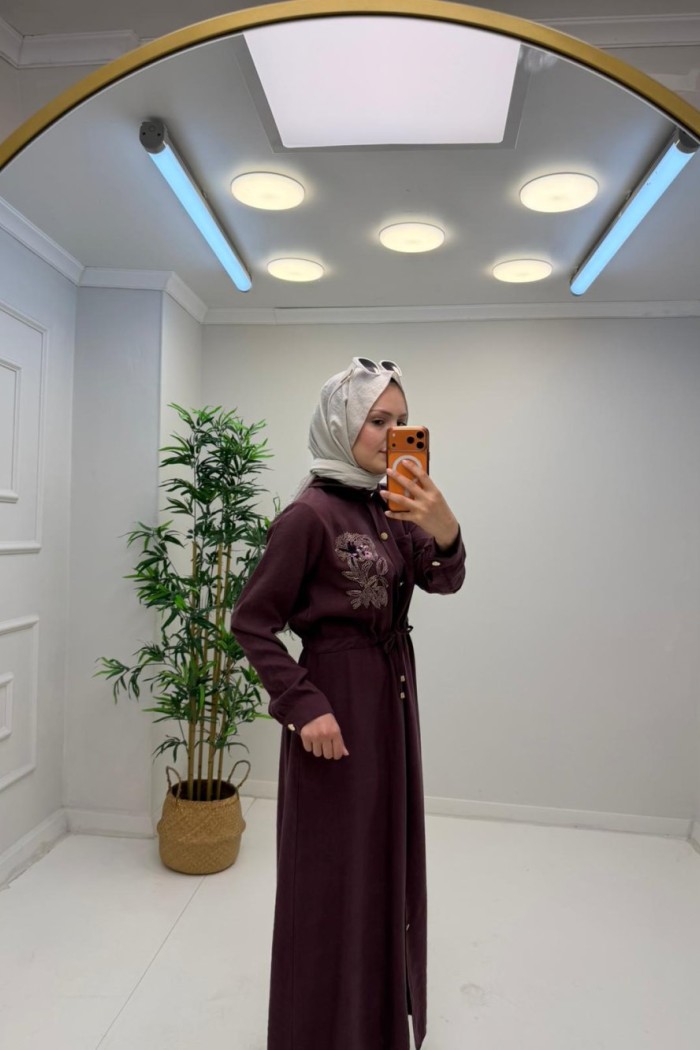 Sabina Tensel Nakış Taş Detaylı Elbise Mürdüm
