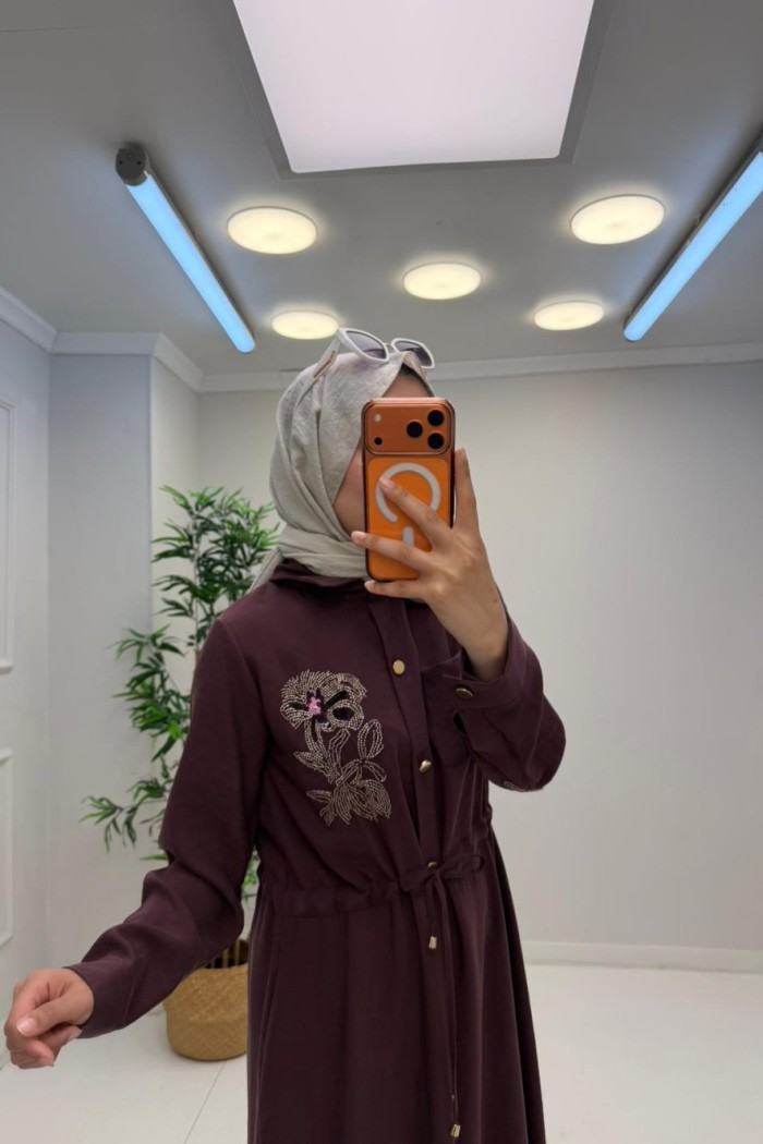 Sabina Tensel Nakış Taş Detaylı Elbise Mürdüm