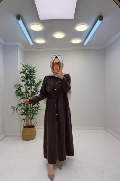 Sabina Tensel Nakış Taş Detaylı Elbise Kahverengi