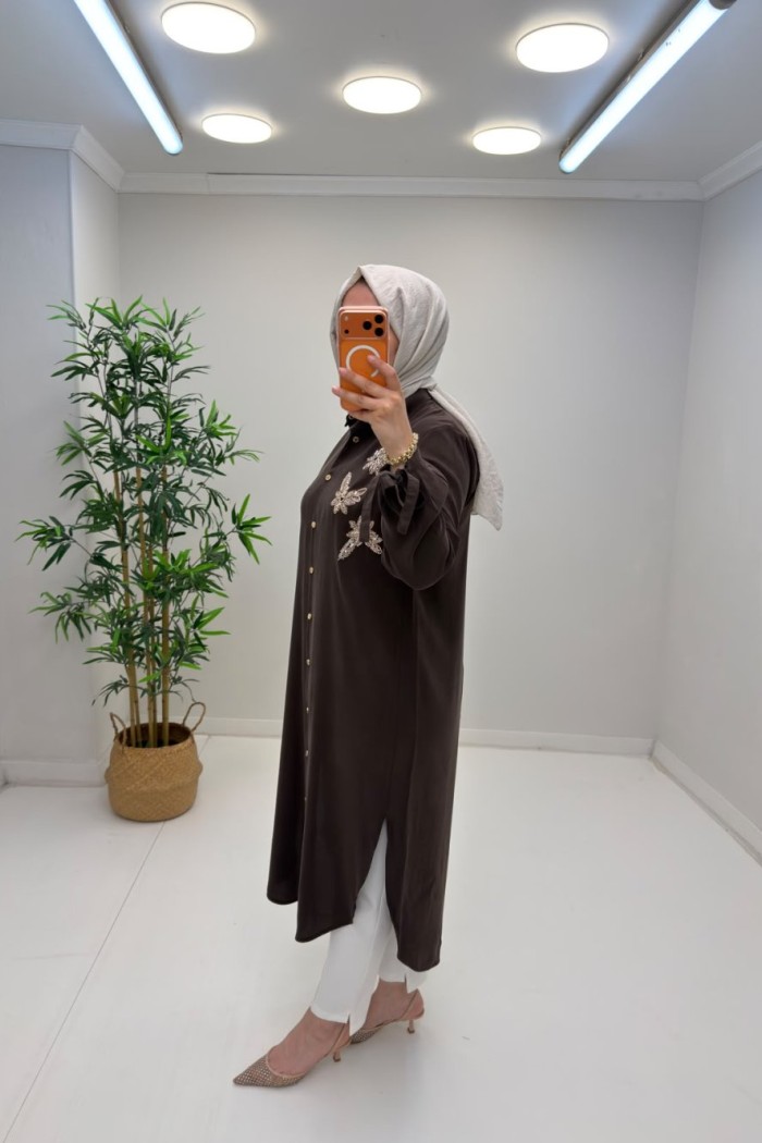 Noshe İşleme Detaylı Tensel Gömlek Kahverengi
