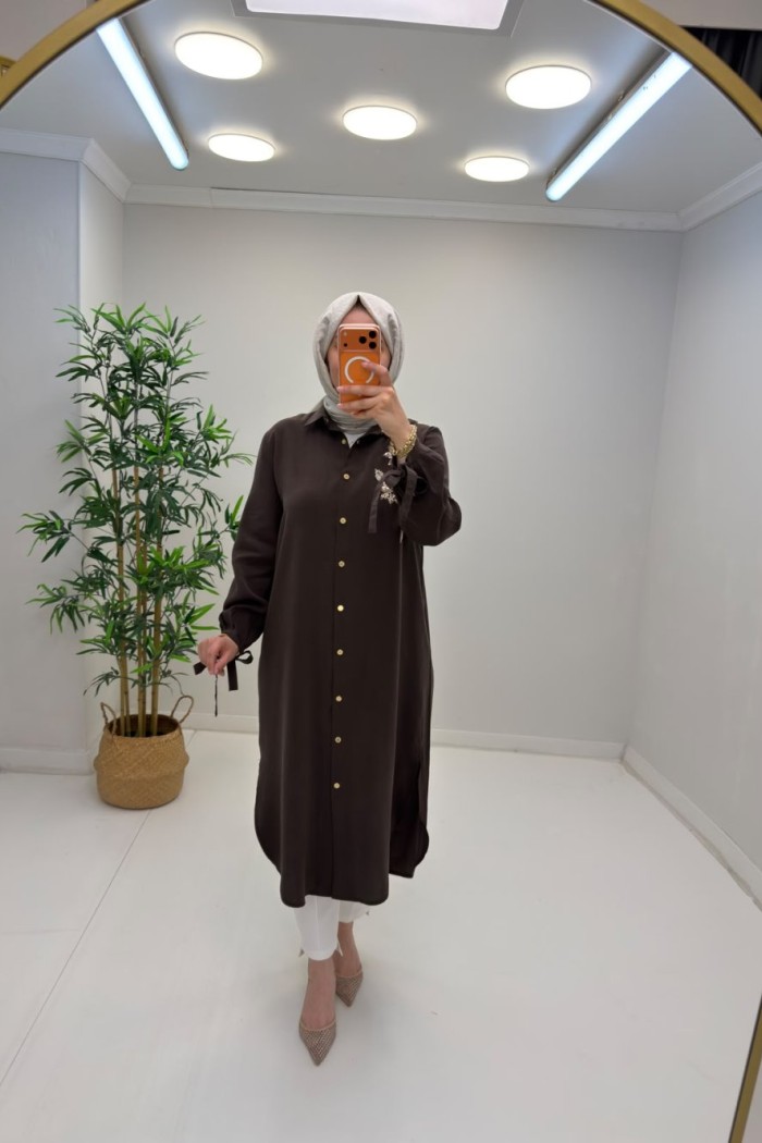Noshe İşleme Detaylı Tensel Gömlek Kahverengi