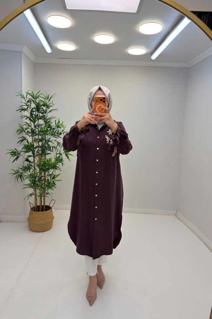 Noshe İşleme Detaylı Tensel Gömlek Mürdüm