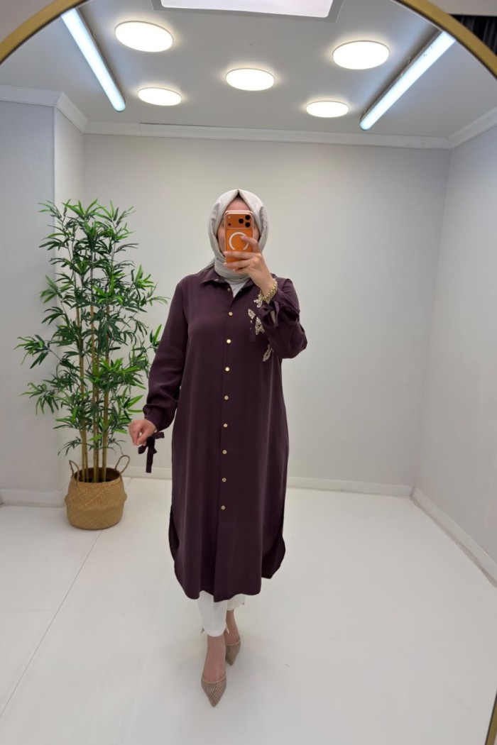 Noshe İşleme Detaylı Tensel Gömlek Mürdüm