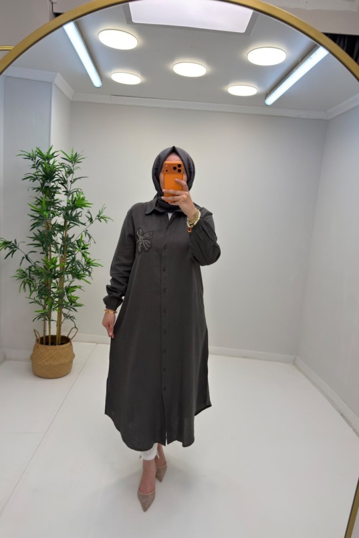 Puane Gül Detay Gömlek Kap Gri