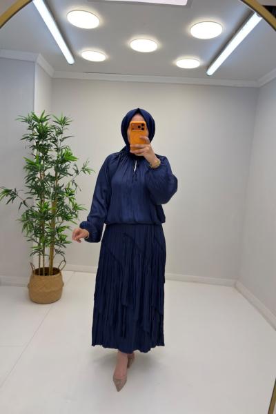 Henna Saten Etekli Takım Saks Mavisi