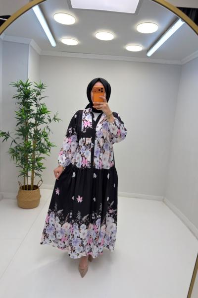 Aşhilda Desenli Elbise Siyah
