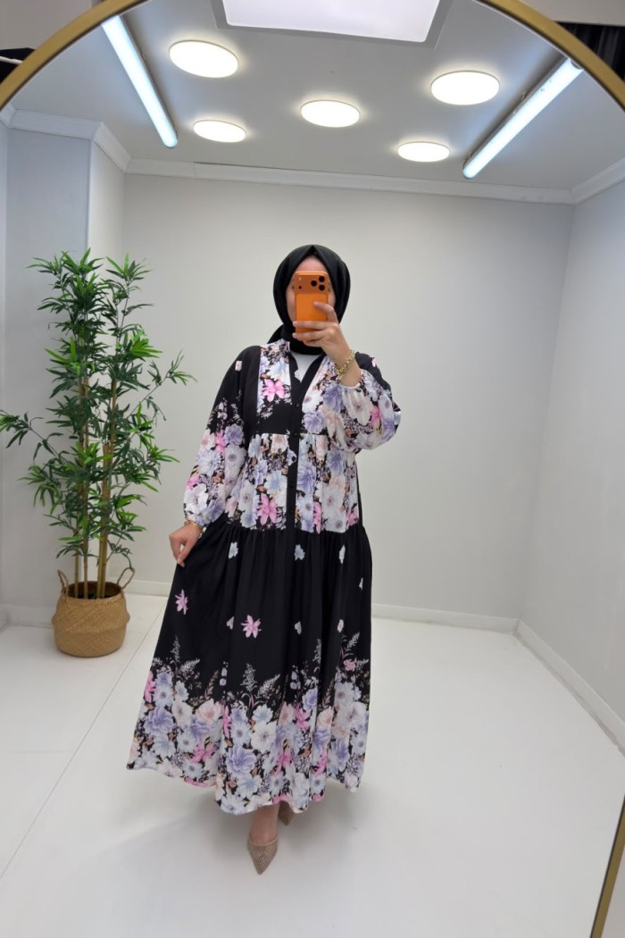 Aşhilda Desenli Elbise Siyah