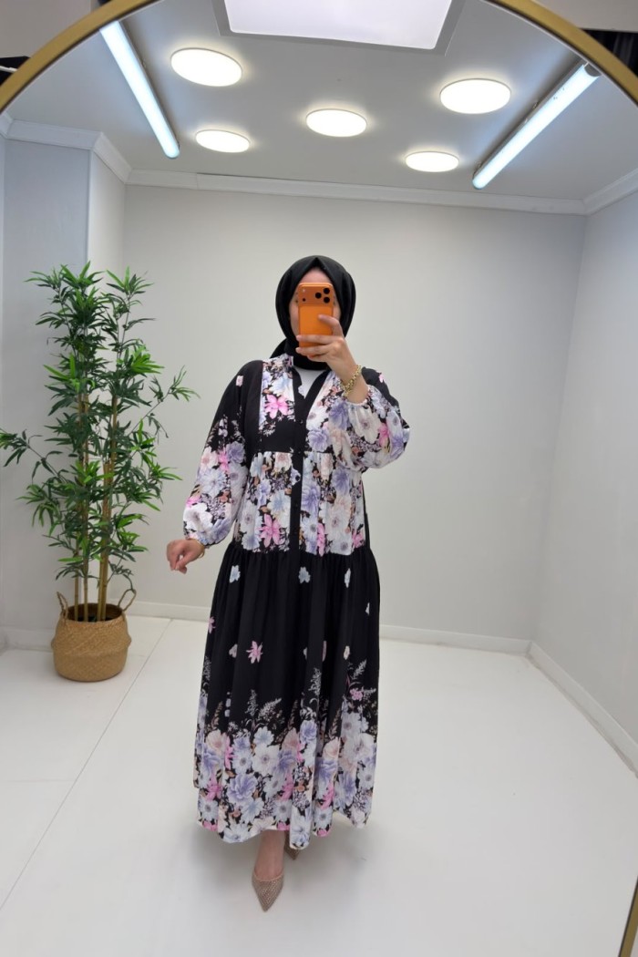Aşhilda Desenli Elbise Siyah