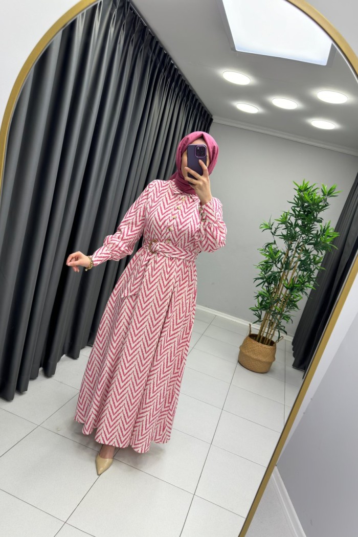 Zikzak Desen Keten Elbise  Pembe