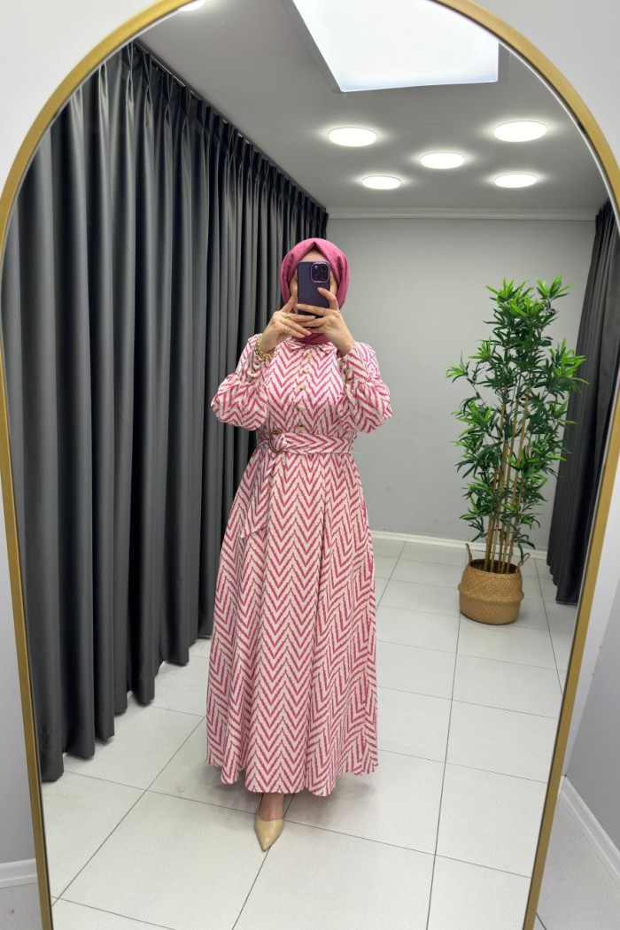Zikzak Desen Keten Elbise  Pembe